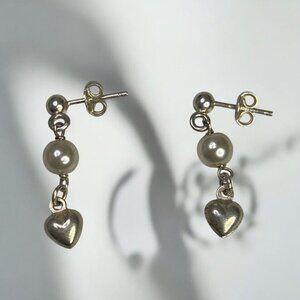 Sterling Silver Drop Earrings With Heart Charms & Faux Pearl Accents